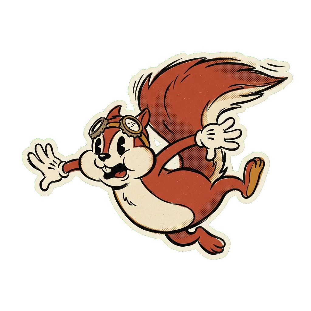 Gus, a cartoon squirrel, tumbling through the air