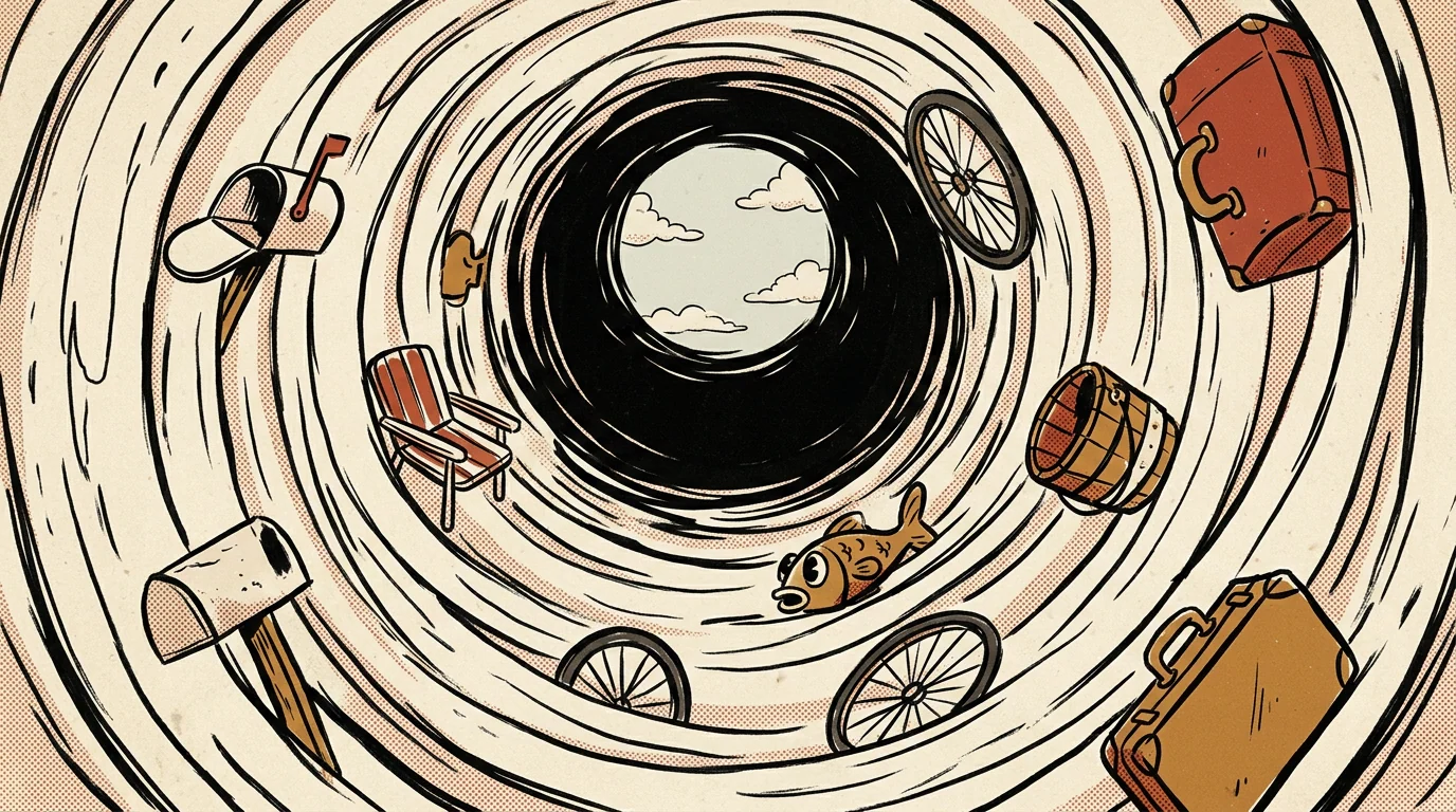 The inside of a cartoon tornado, drawn as looping ink ribbons with junk circling in it